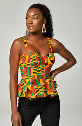 Kente Corset Peplum Orange Blouse | African Print Sleeveless - KENYA