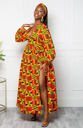 Low Neck Deep V Long Sleeve | African Maxi Dress - KENYA