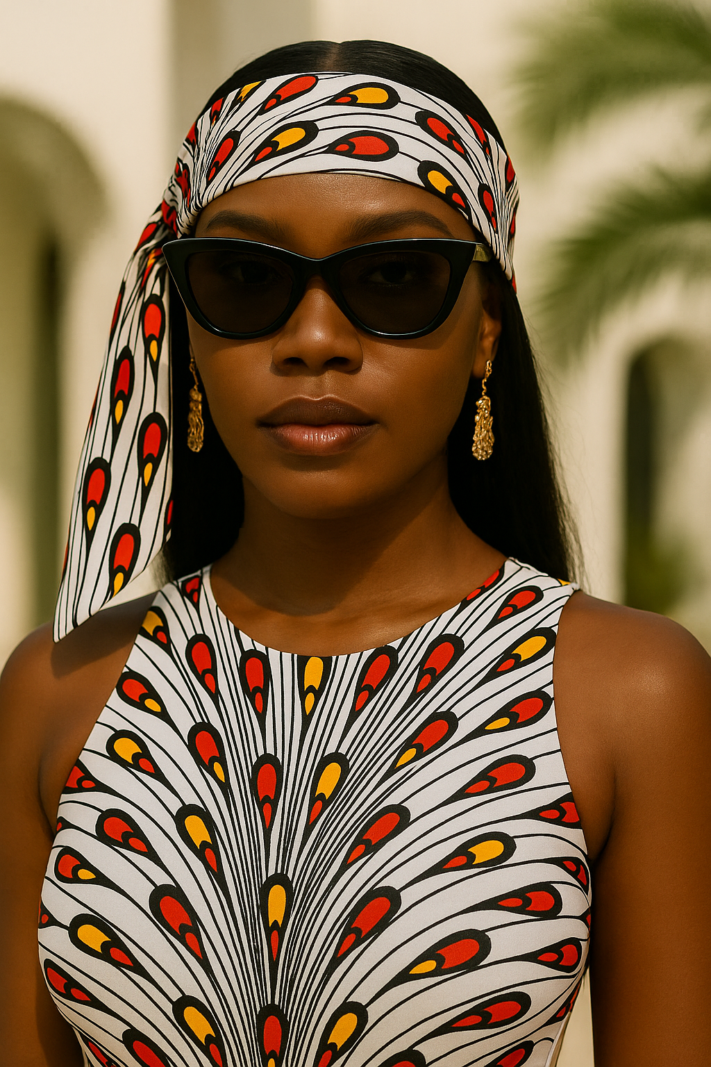 Woman wearing an ankara headtie and sunglasses in a resort