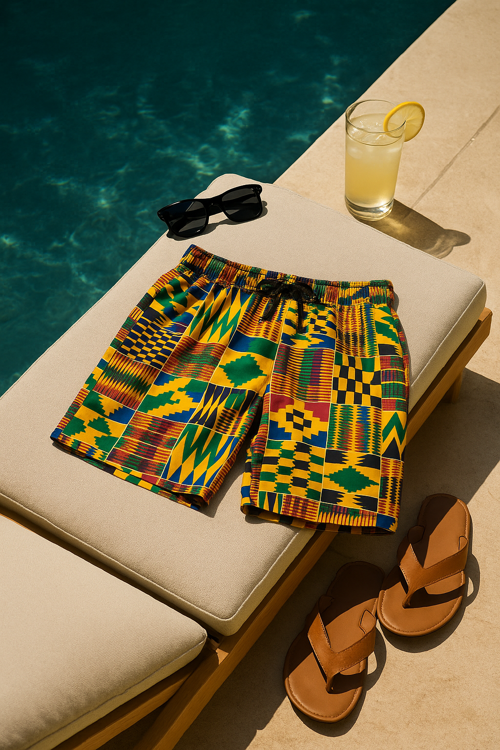African Print shorts on a lounge chair by a poolside with sunglasses and a drink.