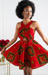 Red Ankara Cross Front Mini Length Dress - CORDELIA
