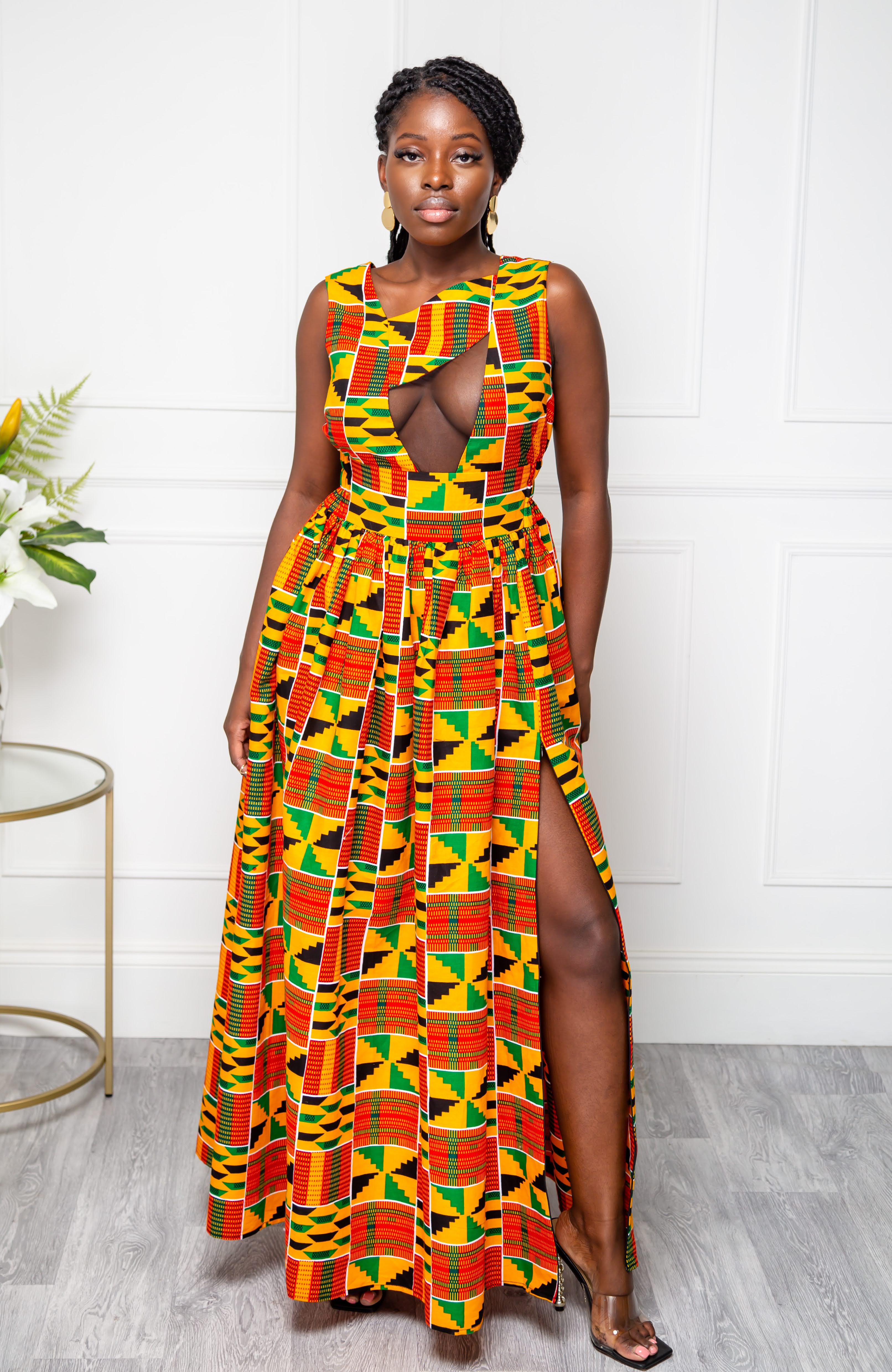 African Print Front Mesh Panel Sleeveless Maxi Dress - KENYA